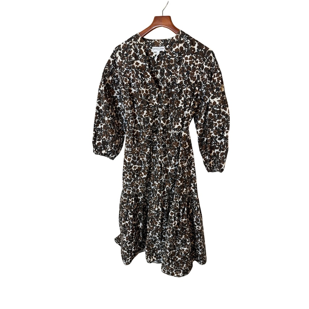 Apiece Apart Brown Floral V-Neck Tiered Midi Dress Long Puff Sleeve Womens M
